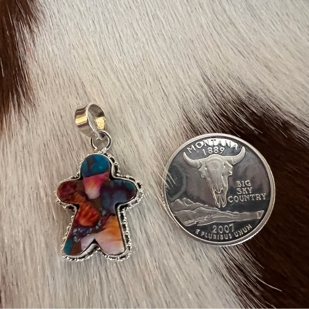 ❤️ Gingerbread Man Pink Dahlia Kingman Turquoise 925 Navajo Pendant 1.26”L - Picture 6 of 12